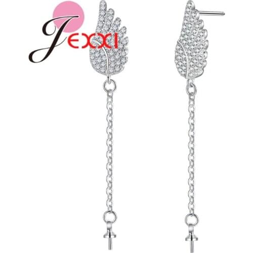 Elegant CZ Crystal Angel Wings 925 Sterling Silver with Long Chain Dangle Drop Earrings for Women Piercing Jewelry
