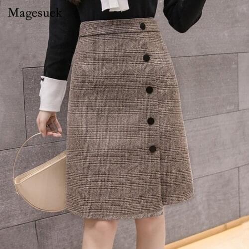 Faldas Mujer Moda 2021 High Waist Skirt Tweed Skirt Knee-Length Button A-Line Casual Skirts Womens Plaid Skirt For Women 7485 50