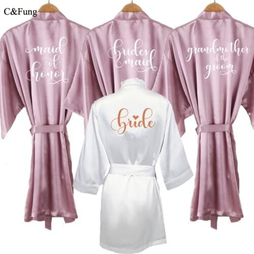 C&Fung Mauve robe bride kimono satin women soft Lavender bridesmaid elegant writing getting ready wedding bridal party robes