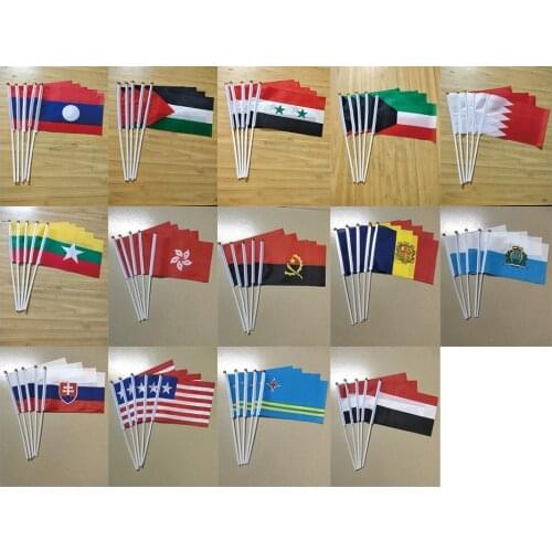 KAFNIK,5pcs Laos/Palestinian/Syria/Kuwait/Hong Kong/Angola/Andorra/SAN marino/Slovakia/Liberia flag 14*21CM hand flag with Pole