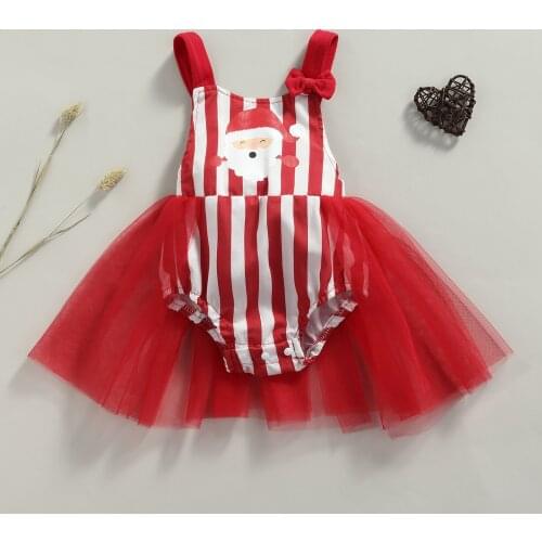 Pudcoco Newborn Christmas Tulle Romper Baby Girls Color Block Stripe Santa Claus Print U-shaped Neck Playsuit with Bowknot 0-12M