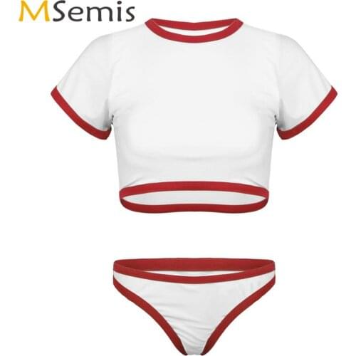 Women Erotic Student Cosplay Lingerie Set Red/Blue Edged Push Up Crop Top with High Waist Booty Panties Sexy Schoolgirls Bikinis