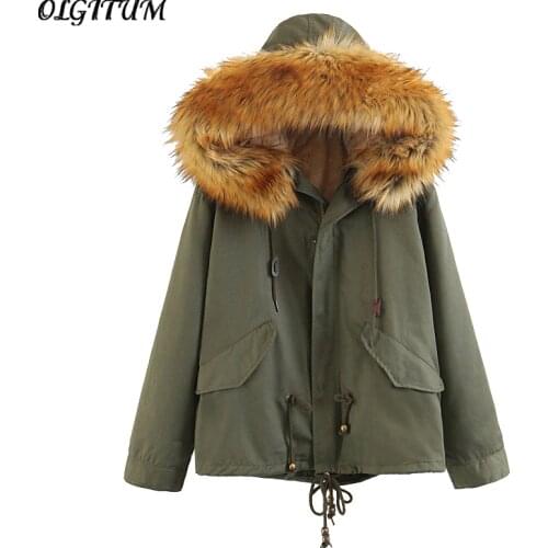 Korean New Women Winter Jacket Big Fur Collar Hooded Military Cotton Coat Plus Velvet Thick Warm Fashion Casual Army Green Parka