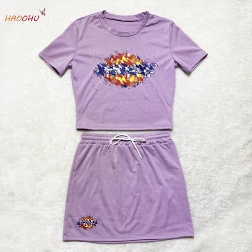 HAOOHU Polyester Summer 2021 Womens Clothing Casual Fashion Pattern Printed Short Sleeve O-Neck Skirt Outfit Commute 2Piece Set