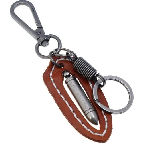 Fashion Punk Rock Men Key Chain Vintage Alloy Bullet Hanging Pendant Genuine Leather Keychain for Car Bag Keyring Hippie Jewelry