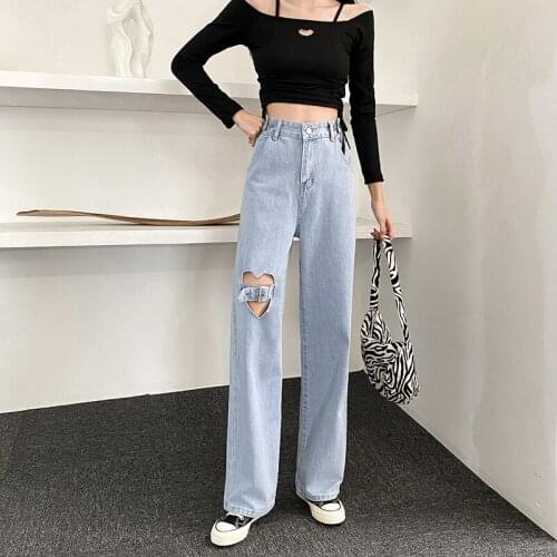 New Jeans Women Harajuku College Style Loose Wide Leg Denim Straight Pants Love Hole Vintage Washed Cowboy Trousers Female