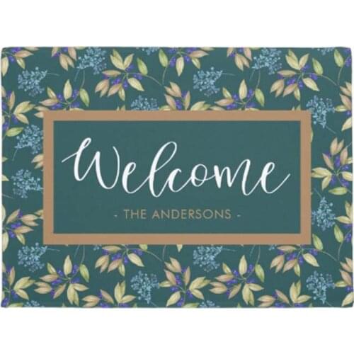 Personalized Watercolor Flower Pattern Teal Welcome Doormat Door Mat Machine Washable Non Slip Mats Bathroom Carpet