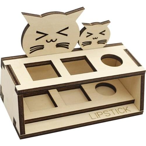 Natural Wood Lipstick Display Stand Cute Cat Lip Balm Gloss Cosmetic Storage Box