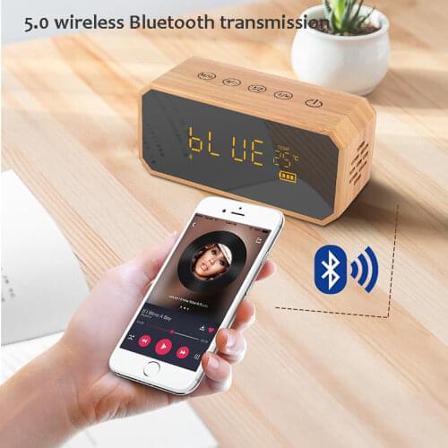 Portable Bluetooth Speaker Wooden Mirror Wireless Stereo Music Speaker with LED Time Display Clock Alarm Clock Speaker TF Card