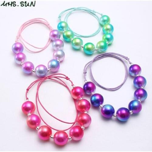 MHS.SUN Colorful Girls Chunky Pearl Beads Necklace Baby Kids Adjustable Rope Necklace Children Bubblegum Chunky Jewelry 1Pcs
