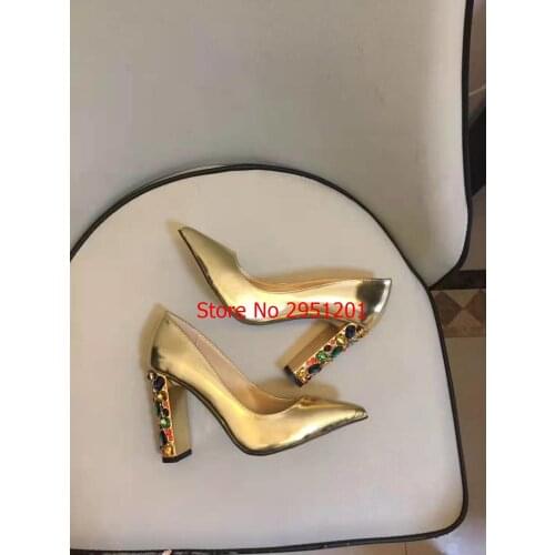 Chic Gold Leather Pumps Woman Pointed Toe Rhinestone Diamond Crystal High Heel Dress Shoes Luxury Women Party Chunky Heels