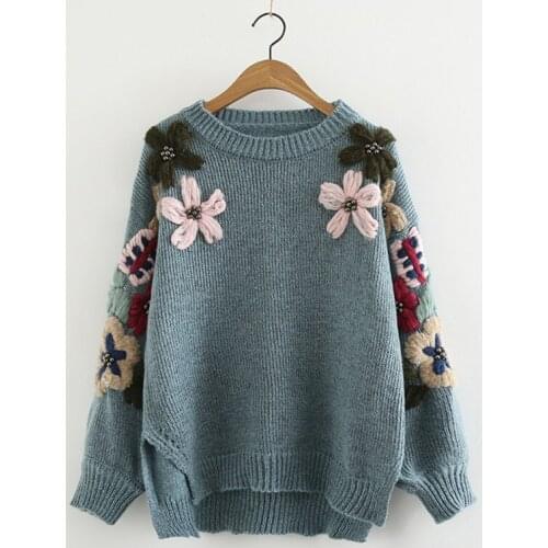2021 Spring Autumn Korean Version Irregular Nail Beads Embroidery Fashion Knitted Sweaters Women Clothing Long Sleeve Top Sueter