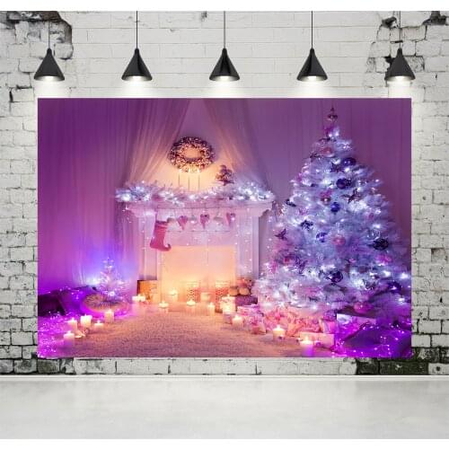 VinylBDS Violet Indoor Warmth Christmas Fireplace Background Photography White Tree Washable Children Photo Studio Background