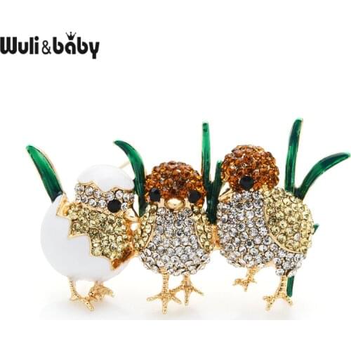 Wuli&baby 3 Full Sparkling Rhinestone Chick Brooch Pins Enamel Green Grass Cute Little Bird Brooches For Women And Child Gift