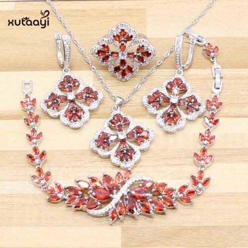 XUTAAYI 4PCS Top Quality Silver Jewelry Sets Red Synthetic Garnet Superb Wedding Necklace/Rings/Earrings/Bracelet