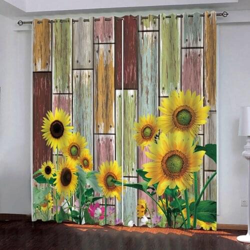 Curtain Sunflowers on vintage wooden board Print Curtain For Bathroom bedroom Decoration 3D Blackout for Living room