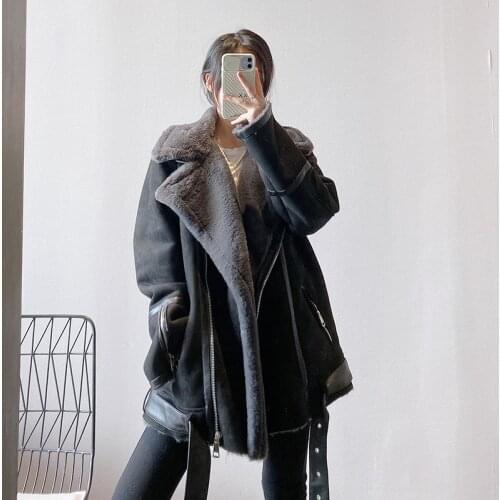 Women 2021 Autumn Winter New Fashion Suede Lambswool Biker Jacket Coat Female Chic Loose Fur Faux Leather Oversize Overcoat C557