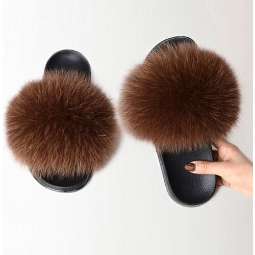 Women Fur Fluffy Flat Slippers Ladies Indoor Slides Furry Plush Fox Hair Female Casual Woman Shoes Fashion Plus Size Summer 2020