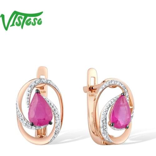 VISTOSO 14K 585 Rose Gold Earrings For Women Shimmering Natural Ruby Diamond Glamorous Oval серьги Trendy Party Fine Jewelry