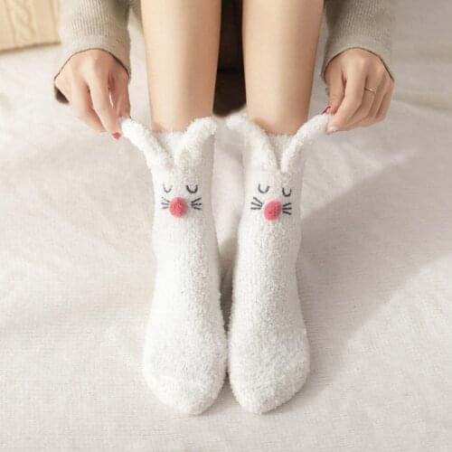 Women Winter Microfiber Fuzzy Slipper Socks Cartoon Embroidery 3D Rabbit Ears Kawaii Thick Warm Floor Sleeping Hosiery