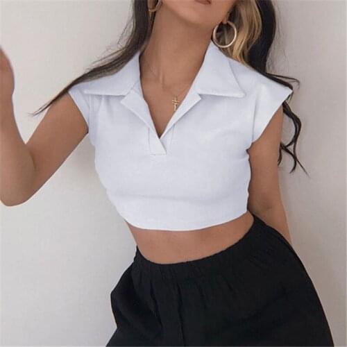 Black White Short Sleeve Crop Tops Cardigans Y2k Button T Shirt Women Turn Down Collar Tshirt Harajuku Tee 2021 Summer New M0539