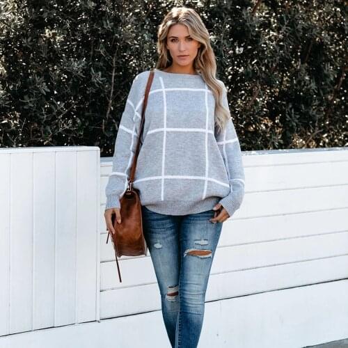 Sweater Women Pullover 2021 Spot Pullover Round Neck Plaid Sweater womens fall/winter Warm Sweaters Dropshipping SJ3216