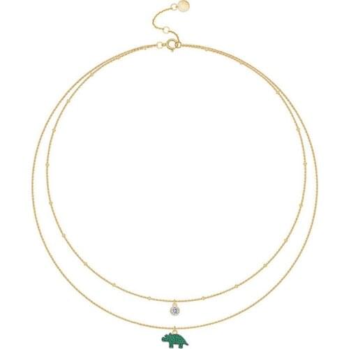 SLJELY Fashion S925 Sterling Silver Lovely Green Rhino Pendant Necklace Zircon Double Short Chain Necklace for Women Jewelry
