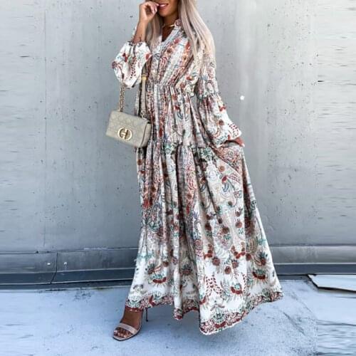 Womens Retro Floor Length Party Dress Autumn Long Lantern Sleeve V Neck Ladies Dress Elegant Printing Female Dress Vestidos XXL