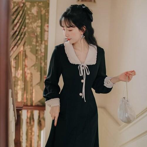 Retro Girl Long Sleeve Hepburn Style Black Dress Fall 2021 New Bowknot Peter pan Collar Cute Robe Female French Elegant Dresses