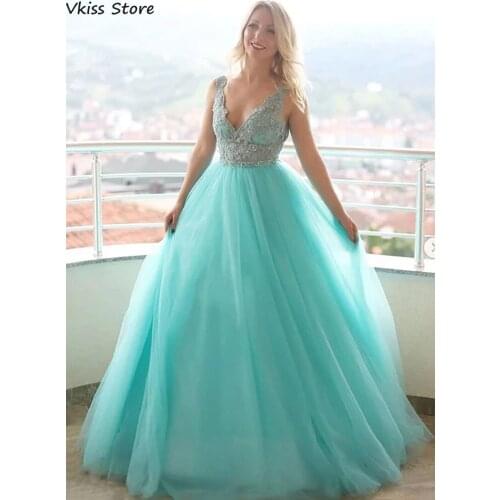 Vkiss New Prom Dress A-line Simple Applique Sleeveless V-neck Backless Sequins Floor Length Evening Dress vestidos de fiesta