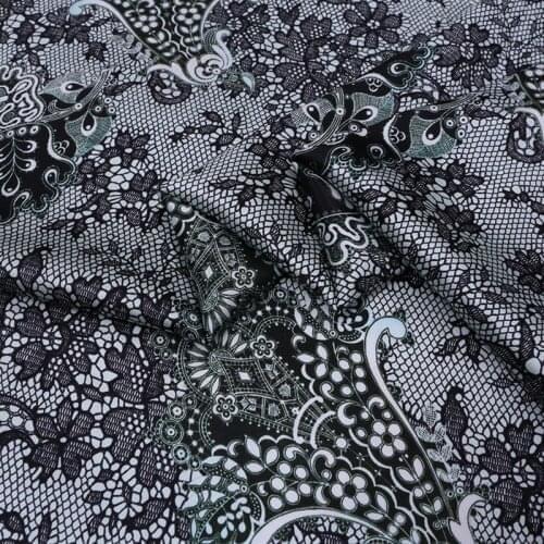 1 Meter X 1.4 Meter Black And White Floral Stretch Satin Silk Fabric Shirt Dress