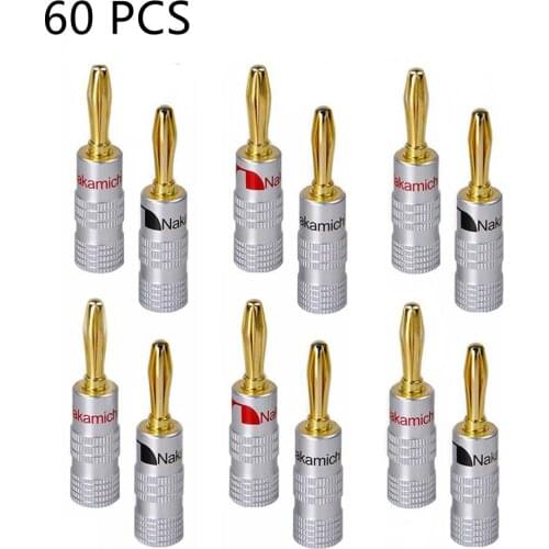 60pcs/30pair Nakamichi Banana Plug Straight Pre Amplifier 24K Gold Plated 4MM Connector Screw Lock Audio Jack Speaker Black Red