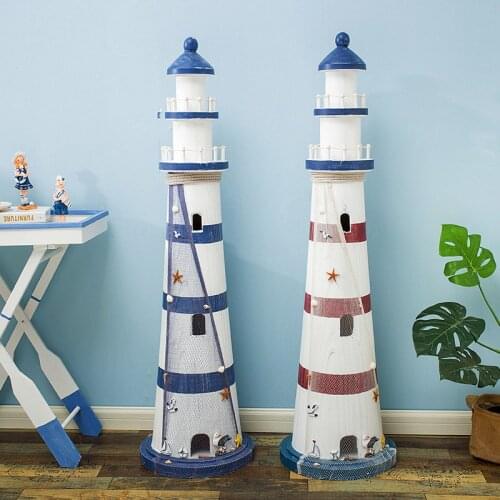 Large Size 1M Height Mediterranean Style Wooden Handmade Originality Make Old Lighthouse Home Furnishings Ornaments Decoration