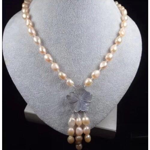 Hand-woven pink black green white biwa freshwater pearl necklace shell pendant