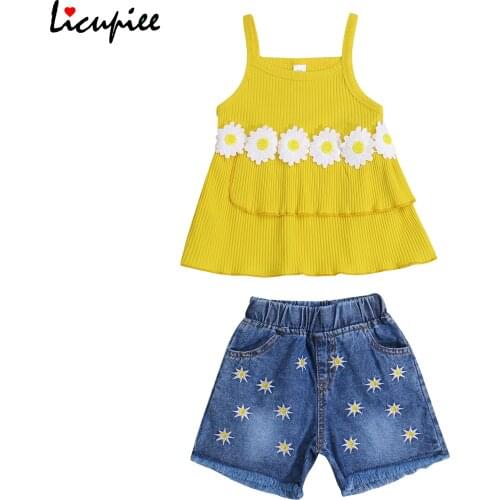 1-5 Years Sleeveless Childrens Sets Baby Girls 3pcs Summer Outfits, Sleeveless Strap Ruffle Tops + Denim Shorts + Headband Set