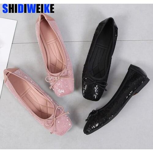 2021 Elegant Womens Sequined Cloth Shoes Comfort Spring Casual Female Square Toe Flats Comfortable Boat Moccasin Fall Glitter