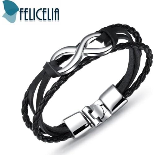 Felicelia High Quailty Multilayer Braided PU Leather Infinity Bracelet Bangle For Men Boys Friendship Jewelry Black/ Brown