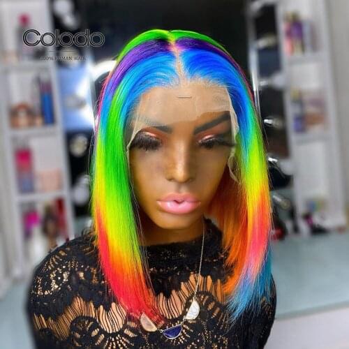 Purple Rainbow Lace Wigs Brazilian Preplucked Yellow Wig Glueless Short Bob Blue Colored Human Hair Wigs For Women