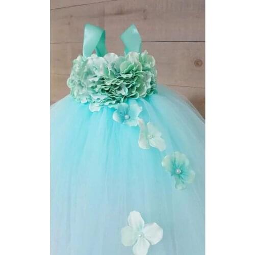 Aqua Blue Flowers Girls Tutu Dress Princess Long Tulle Girls Wedding Dresses Kids Formal Party Bridesmaid Dress vestidos