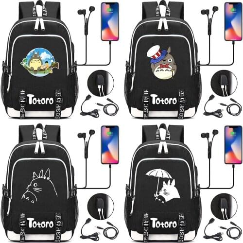 Hot Cartoon Cute Totoro Printed USB Headphone Jack Boy Girl Kids School Bag Women Bagpack Canvas Men Backpack Packsack Bookbag