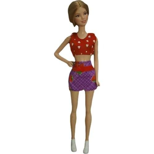 11.5" Fashion Doll Outfit Set For Barbie Doll Clothes Red Love Heart Tank Crop Top Purple Strawberry Plaid Skirt 1/6 Accessory