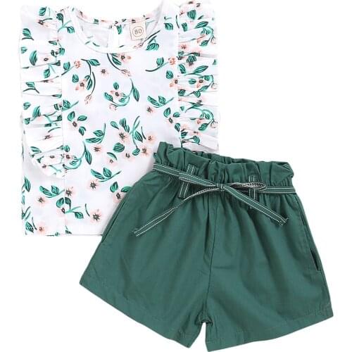 Toddler Infant Kids Baby Girls Clothes Set Summer Flower Sleeveless Round Neck Ruffle T-shirt Tops Shorts Cotton Clothing 2PCs