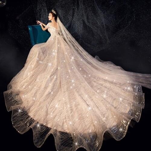 O Neck Lace Wedding Dress 2021 Bride Gown Bridal Court Train Short Sleeves Women Champagne Ivory Wedding Bouquet Gown New