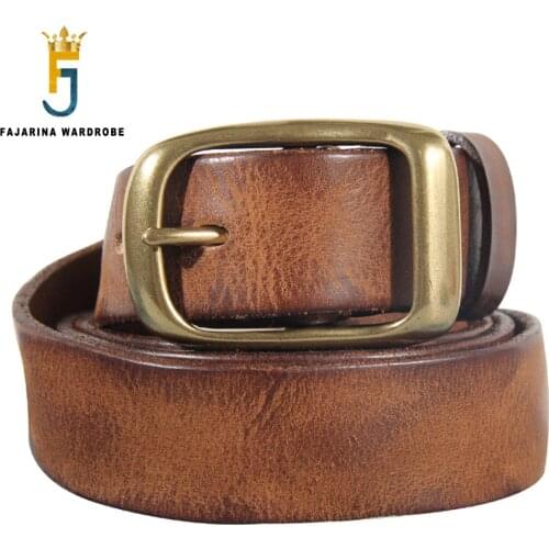 FAJARINA Men‘s Retro Cowhide Leather Brass Pin Buckle Metal Belt Top Quality Solid Pure Cow Skin Belts Men 3.3cm Width N17FJ882
