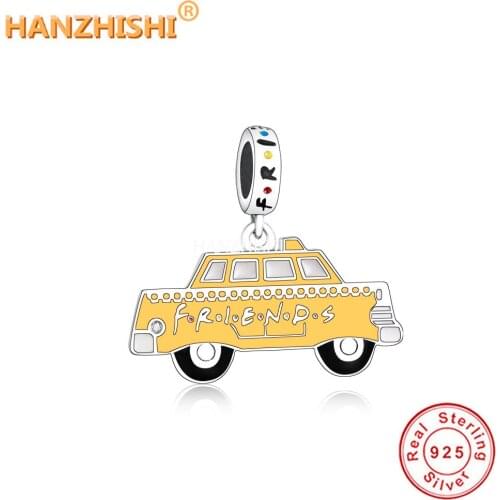 2021 New Real 925 Sterling Silver Yellow Enamel Car Taxi Dangle Beads Charms Fit Original Pandora Charm Bracelet Jewelry Making