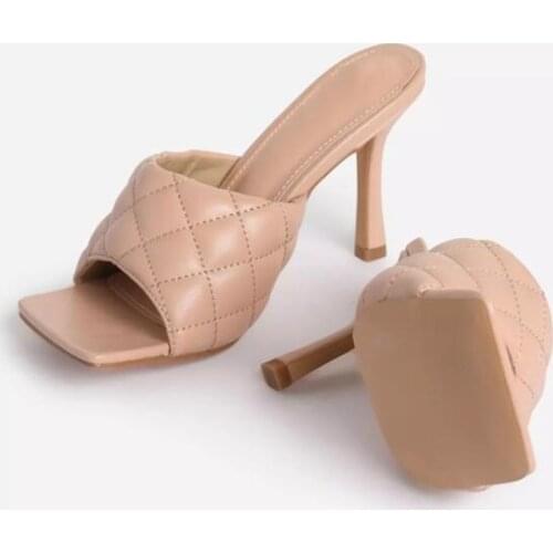 NEW Sexy PU diamond Square head Peep Toe High Heel Slippers Summer Fashion Slip On Thin Heels Slides Women Mules Party