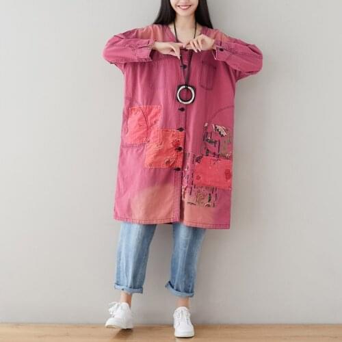 Personality patchwork printed trench coat for women denim jean coat plus size loose long coats vintage casual fashion overcoat