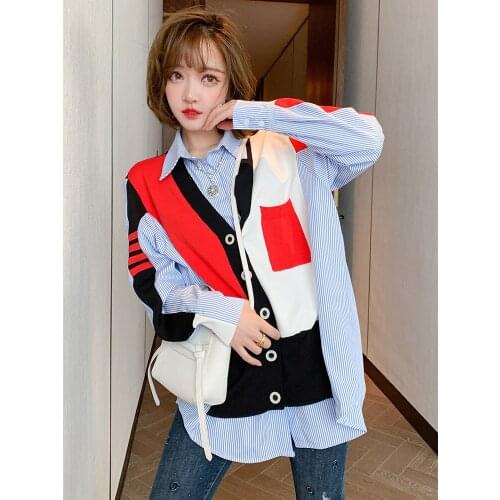 Striped shirt stitching knitted Lapel fake two-piece Shirt Top Womens wear 2021 Spring new High Quality Top Quality