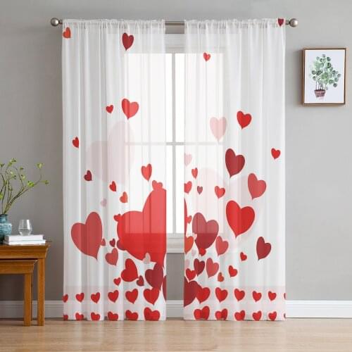 Love Romance White Red Window Treatment Tulle Modern Sheer Curtains for Kitchen Living Room the Bedroom Curtains Decoration