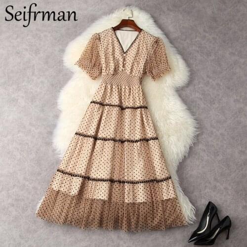 Seifrmann New 2021 Summer Women Fashion Designer Party Long Dress Lantern Sleeve High Waist Single Breasted Dot Ladies Dress